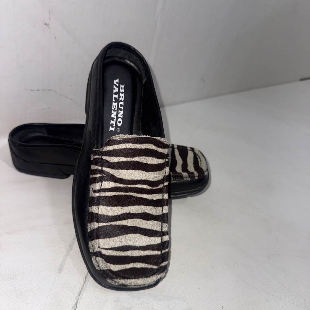 Vintage Y2K Bruno Valenti Zebra Print Pony Calf Hair Leather Mules Shoes Sz 6.5